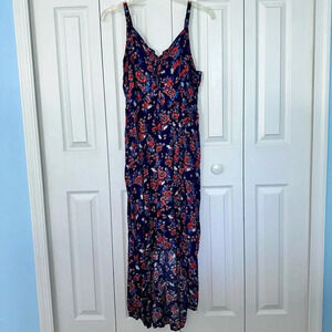 Torrid High Low Maxi Dress Flowers Navy Blue Adjustable Straps Tie Front Sz 2